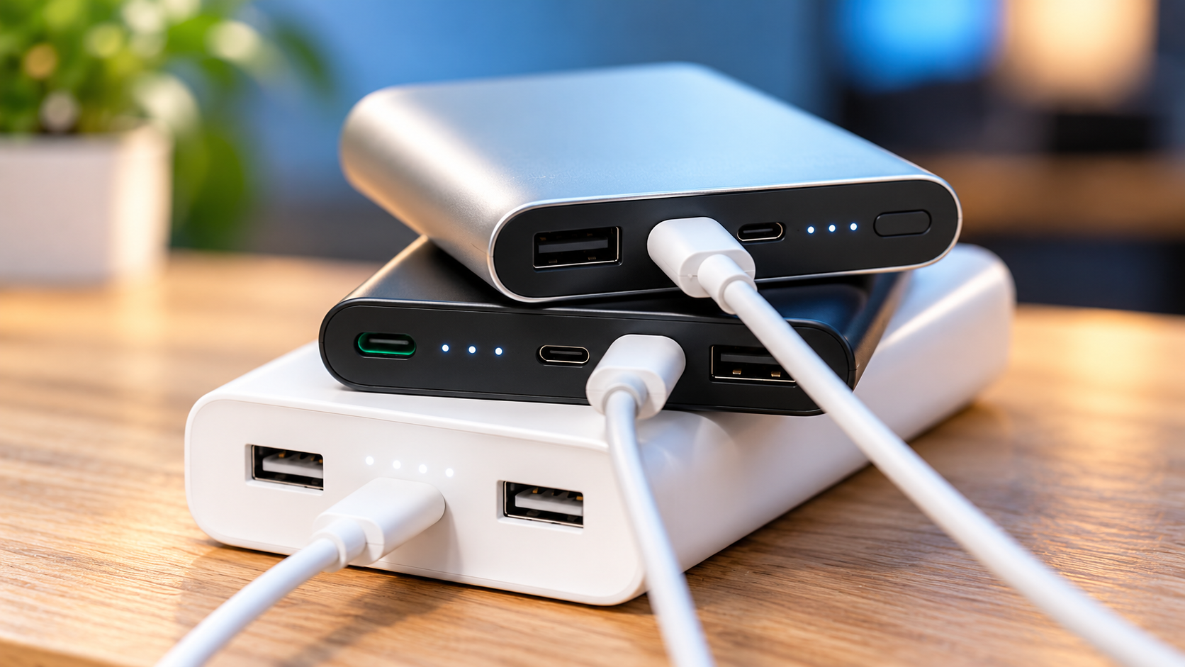 Stacked Power Banks on a Modern Desk